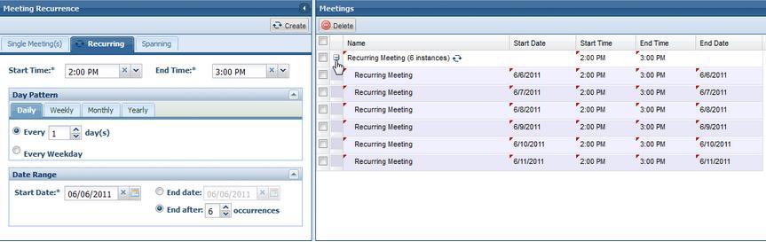 duplicating meetings. Recurring The Recurring option allows you to define a pattern to create a recurring series of meetings.