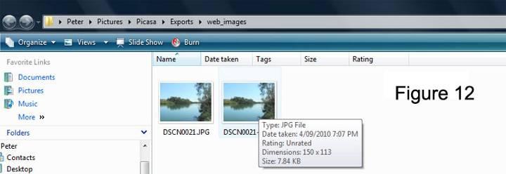 In Picasa return to your image and go to the file menu there select Export to folder option again. Repeat instructions in Step 6 (Figure 9) and only change 400 pixels to 150 pixels. Click Export.