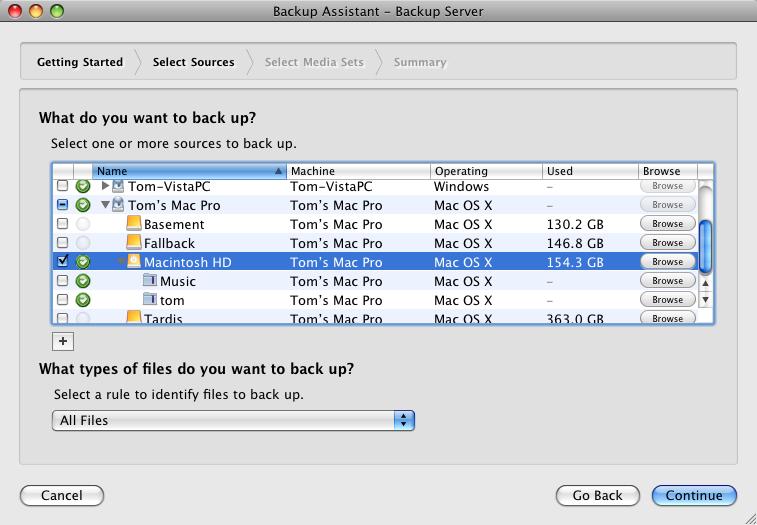 Note: You can add new clients or Favorite Folders to the Sources list from within the Backup Assistant.