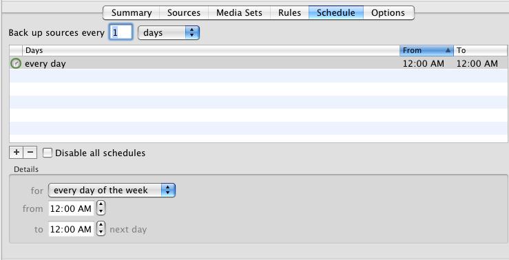 9. In the schedule interface, choose the frequency of the schedule by entering a number in the Backup sources every field, then by choosing hours or days from the pop-up menu.