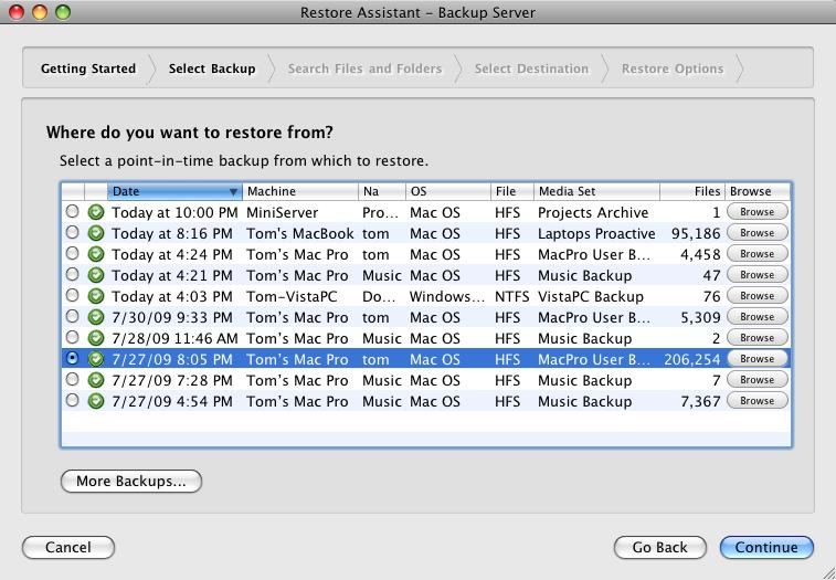 2. Choose Restore an entire source volume or Favorite Folder to a previous point in time, then click Continue. The Select Backup pane appears. 3.