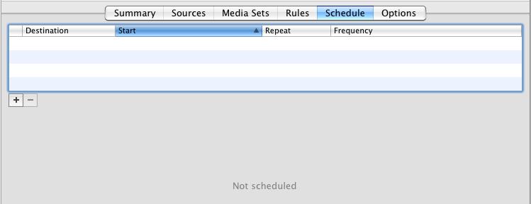1. In the Detail view of any script, click the Schedule tab. All scripts begin with no schedule, except for Proactive Backup scripts, which are assigned a default schedule of every day, all day.