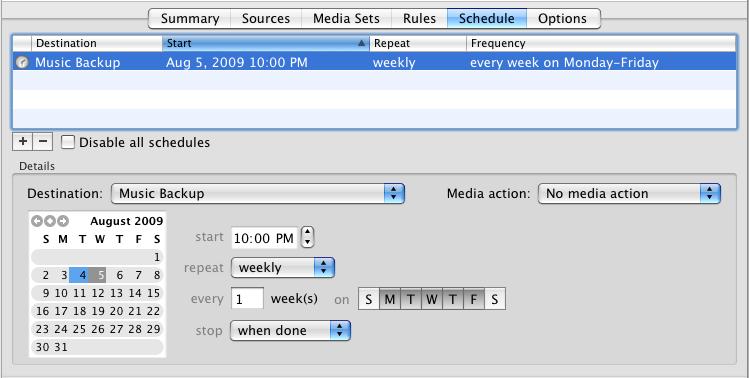 The bottom of the detail view changes to show the Schedule interface, which defaults to a schedule that runs Monday through Friday at 10 PM. If this schedule suits you, you re done. 3.