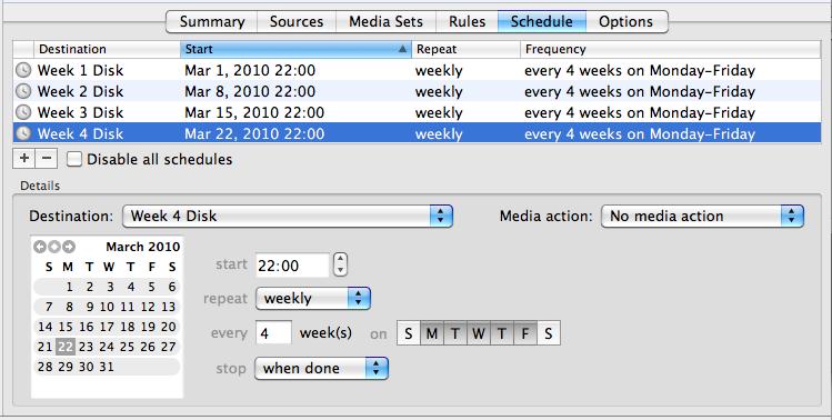 As you can see, by using multiple schedules, you can design your backup strategy to cover almost any need.