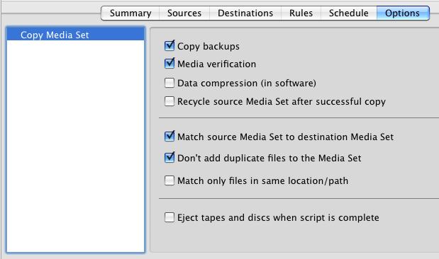 The specific Copy Media Set script options are: Copy backups: This copies the point-in-time file and folder listings and information about those files along with any metadata required to provide