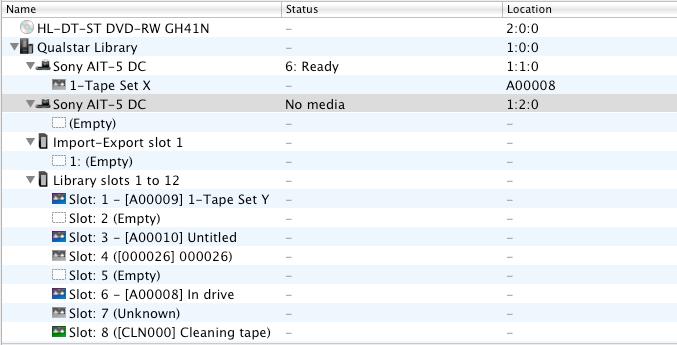 Take a closer look at the Storage Devices list. By default, it consists of three columns: Name, Status, and Location.