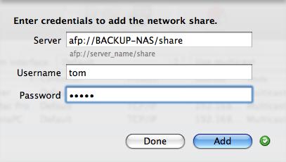4. Enter a username and password for the network share, then click Add. If the information you entered is correct, Retrospect displays a green icon next to the Add button.