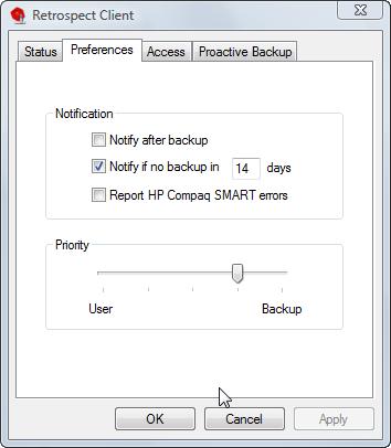 Windows or Linux: Click the Preferences tab from the four tabs (Status, Preferences. Access, Proactive Backup) at the top of the control panel.