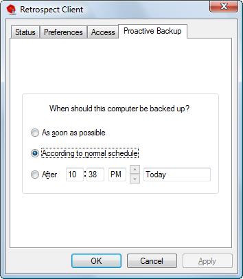 These controls let the user affect when the client computer can be backed up by the backup computer (using a Proactive Backup script).