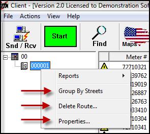 By selecting a route and right-clicking, a menu will appear that contains more options regarding routes. You can group your meters by street names, delete routes, and adjust route properties.