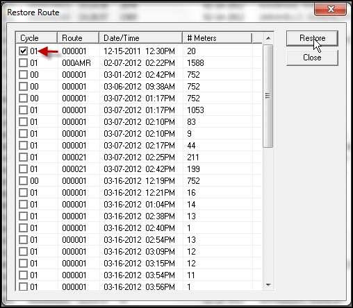 Once selected the Restore Route window will appear. This window allows you to see all routes that are currently stored.