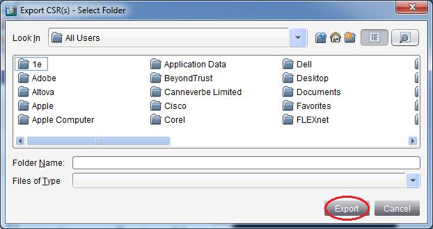 Figure 94: Export CSR(s) - Select Folder 8. Browse to a folder where you want to save the CSR file and click Export. The certificate request file with a.
