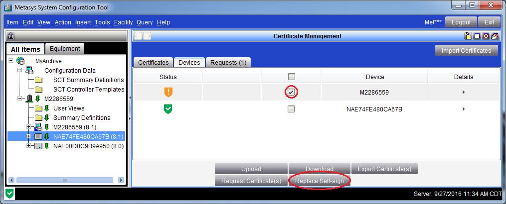 Figure 105: Devices Tab in Certificate Management 4. Select the device and click Replace Self-sign.