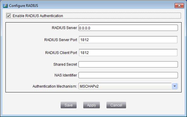 Figure 44: RADIUS Configuration Screen 4. Select the Enable RADIUS Authentication check box to enable the fields on the Configure RADIUS screen. 5.