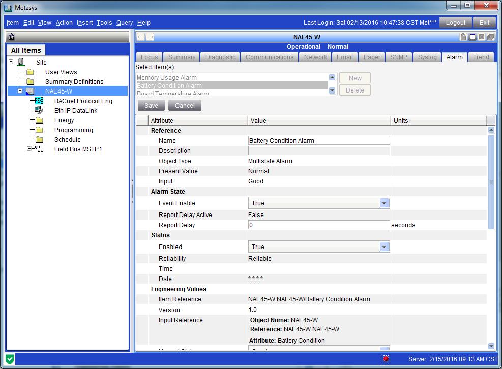 Figure 48: NAE Alarms Tab Edit Mode 5. Edit the desired Attributes for the NAE or field device, and click Save to save the edited alarm settings.