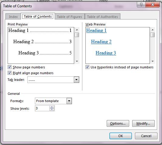 To change the way heading levels are displayed in the table of contents, click Modify.