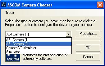 After you have installed the ASCOM Platform, you may then install the ASI Camera ASCOM driver. There are two ASI cameras that can be chosen in setup dialog.