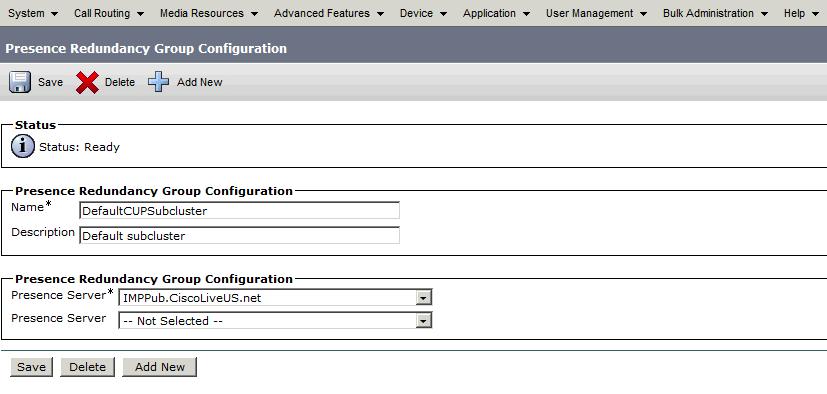 Redundancy Group Configuration The redundancy group is the logical server pair that allows for the assignment of a server to the IM and Presence subcluster as well as the configuration for HA.