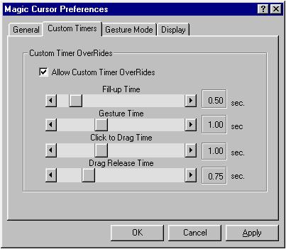 Custom Timers Tab The Custom Timers tab contains all the timers that are available in Magic Cursor. All times can set between.25 seconds 