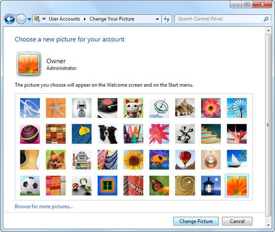 Select a picture from the ones available, or click the Browse for more pictures link. When you're happy with your selection, click the Change Picture button at the bottom.