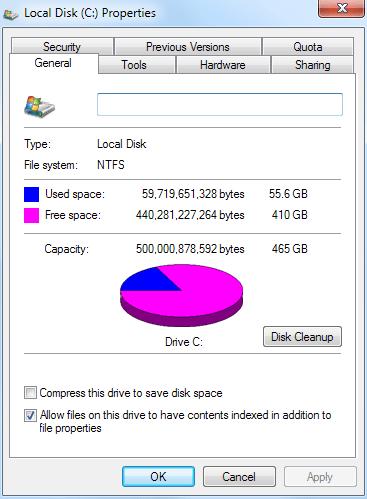 Again, we see a graphic of how big the hard drive is, and how much space is free. The graphic this time is a pie chart.