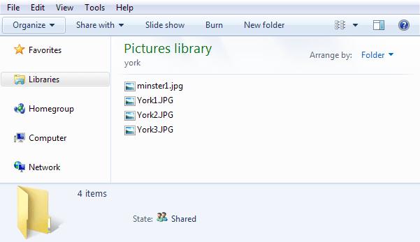Our four images are now showing the JPG file extension. Now that you can see file extensions, we'll make a start on working with images in Windows 7.