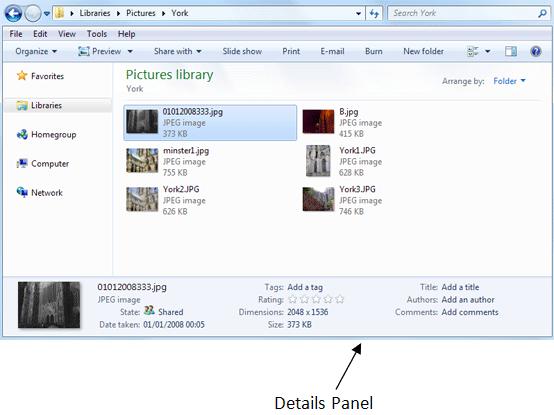 (If you can't see this, click the Organise button at the top. From the menu, select Layout > Details pane.) With the details pane showing, select an image in your folder.