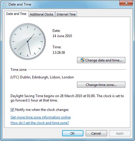 If your clock is showing the wrong time, or the wrong date, click the button "Change