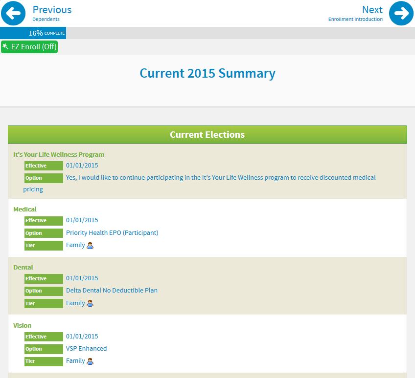 Current 2015 Summary Review your current 2015 elections Note: Your current