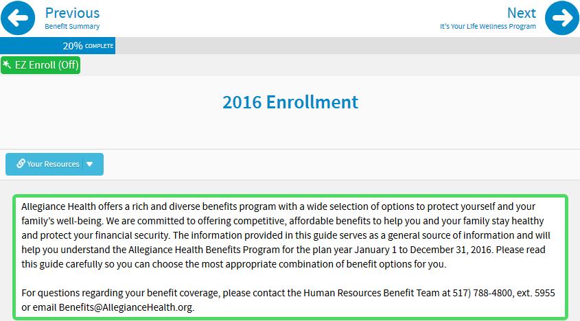 Enrollment Screen Review the information provided on the 2016
