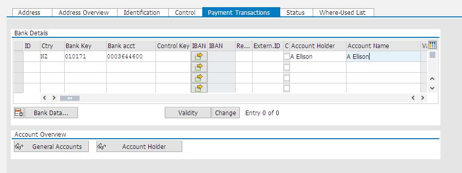 15. Click on the Payment Transactions tab. 16. In the Payment Transactions tab, Bank Details section, complete the following columns, if required: Ctry (e.g. NZ). Bank key (e.g. 5554444).