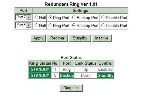 5.4.6 Redundant Ring Before configuring, refer to section 3.3 first for the operation of a ring network.