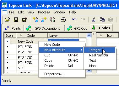 Editing Data in Topcon Link Add an Attribute As many attributes can be assigned to a code as needed.