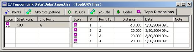 TopSURV File Data Views Tape Dimensions Tab For a TopSURV database file, the Tape Dimensions tab has two panels, the left for all tape dimensions in the job, the right for tape measurements of the