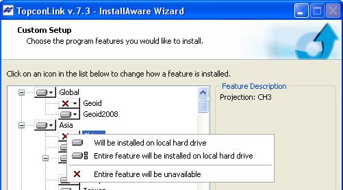 Installing Microsoft ActiveSync for Use With CE-based Devices 4. Highlight the desired features (projection or projection and geoid) in the Custom Setup window (Figure 1-9) Figure 1-8.