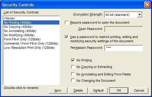 From the PDF Security window, check the options to control opening, printing, or editing the PDF file. 3.