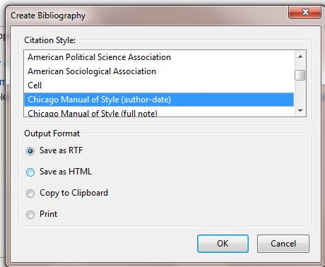 Right click and choose Create Bibliography from Selected Items.