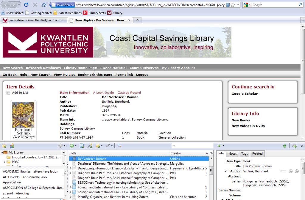 Book citations Downloading from a compatible library catalogue Click