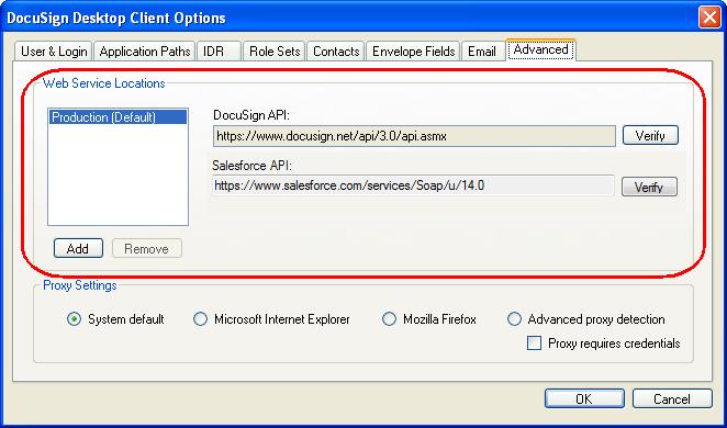 Enable additional web service locations Occasionally, a DocuSign Desktop Client user needs to connect to web server locations beyond the default locations of the DocuSign production server and the
