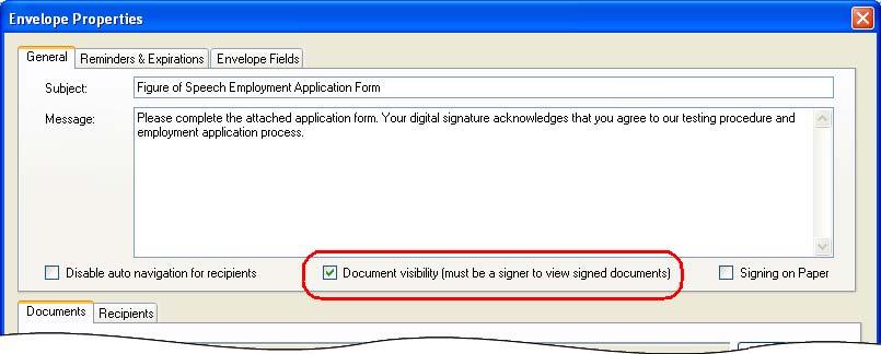 3 Enable the Document visibility (must be a signer to view signed documents) check box. By default, all documents are visible to all recipients.