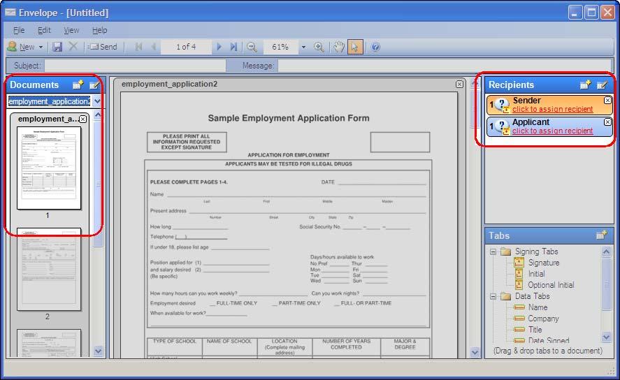 Using templates in envelopes template. The document appears in the Documents panel. Recipients and roles defined for the template appear in the Recipients panel.