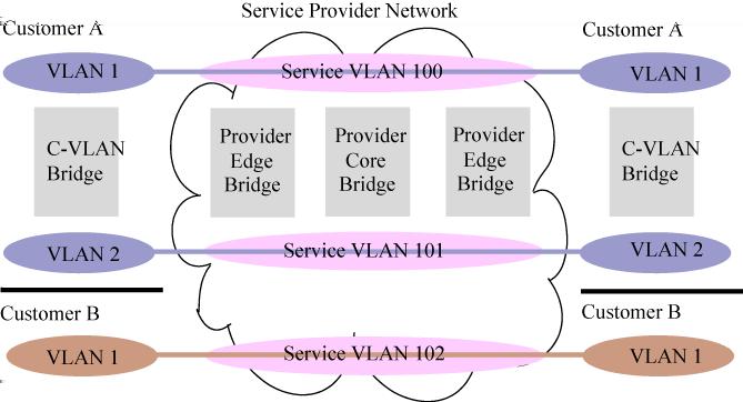 Figure 73 QinQ network diagram : The Service Provider and customers may belong to the same business entity, as in the case where a single enterprise uses QinQ to help segregate local networks and
