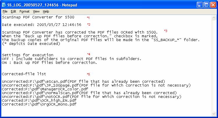 About The Log File 7. About The Log File Log files are saved in the same level with the PDF Converter exe file (SsPdfCnv.exe) in the hierarchy with file names like SS_LOG_YYYYMMDD_hhmmss.txt.