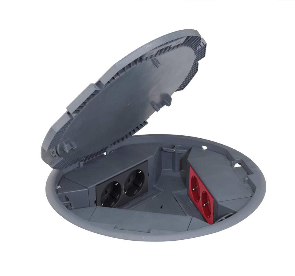 Features Configuration type Qty Reference Description 1 52050203-035 3-module shallow circular floor box, grey 1 52053203-035