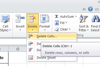 32. Click in the cell just below the column header street click in cell I3. 33. Now delete that cell by clicking the Delete button and selecting from the drop down menu the Delete Cells option.