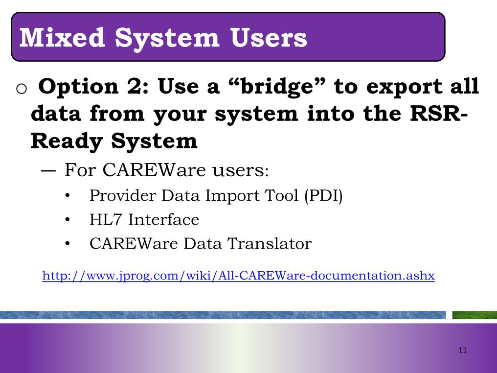 If you have programming resources, you may save time in the long run by electronically importing data into the RSR-Ready System as opposed to manual data entry.