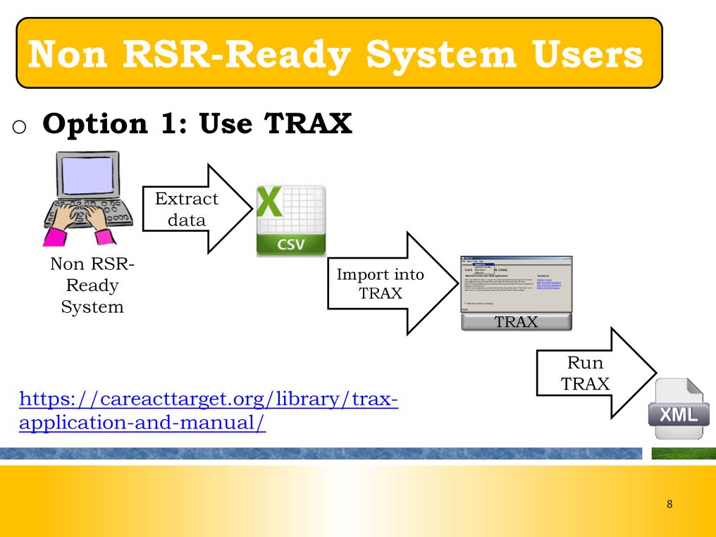 If you capture the RSR client-level data elements in a non RSR-Ready System, you have two options. One is to use TRAX, which replaces T-REX and Rx-REX, to create your client-level data file.