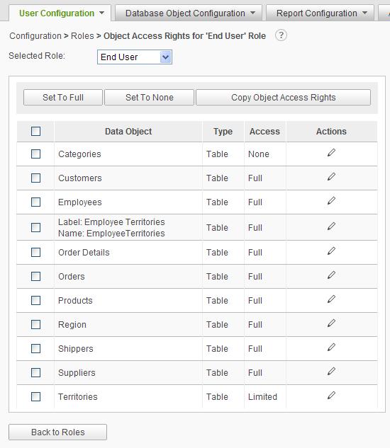 Page 27 To change the access to columns, click on the Set Data Object Access Rights action for the role.