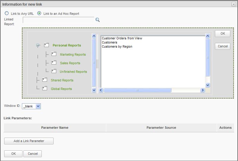 Page 62 To create a link to an existing Ad Hoc report, select the Link to an Ad Hoc Report option and the dialog will be re-displayed as follows (image shows the effect of clicking on the icon):