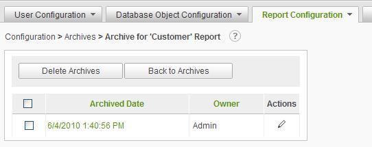 To view the archive(s) associated to a report, click the number in the Archive Count column next to the corresponding report. The Archive page will be displayed for the report.